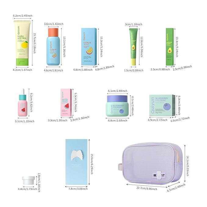 Fruit Skin Care Kit for Girls Teen, 6 Daily Routine Beauty Skincare Sets- Gift Set with Facial Cleanser, Vit-C Toner, Eye Cream, Hyaluronic Acid Cream, Serum, Lip Mask, Face Care Set for Travel