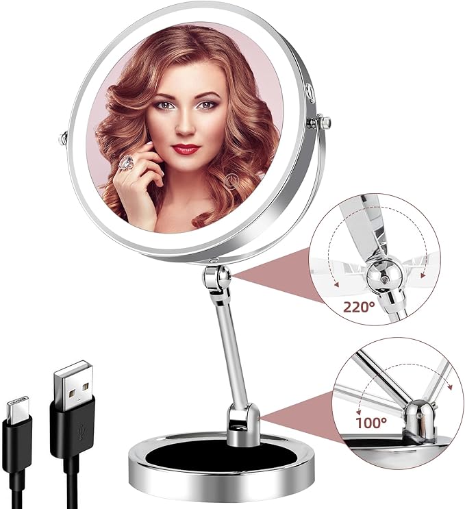 8" Rechargeable Lighted Makeup Mirror with Magnification, Adjustable Height & Brightness 1X/10X Double Side Magnifying Mirror with Light, 3 Color Lighting 360° Rotation Storable Base, Chrome