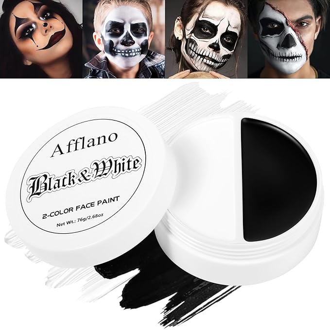 Black and White Face Paint, Halloween Clown Makeup Goth Greasepaint for Kids and Adult, Long Lasting Oil Based Cream Full Face Body Paint for Joker, Skeleton, Cosplay, SFX, Zombie, Theater, Stage