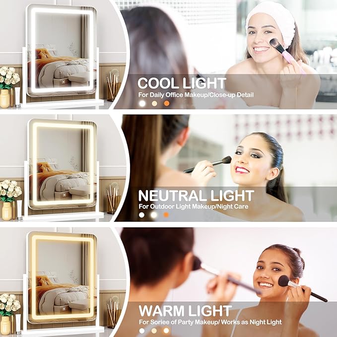 Lighted Makeup Mirror, Hollywood Vanity Mirror with Lights, Three Color Lighting Modes, and 5X Magnification Mirror, Smart Touch Control, 360°Rotation (17.2in. White)