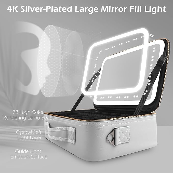 MOMIRA Large Makeup Train Case with Lighted and Mirror 14inch Partitionable Cosmetic Bag Travel Makeup Case Professional Cosmetic Artist Organizer, Waterproof Portable, with Shoulder Stra Silver