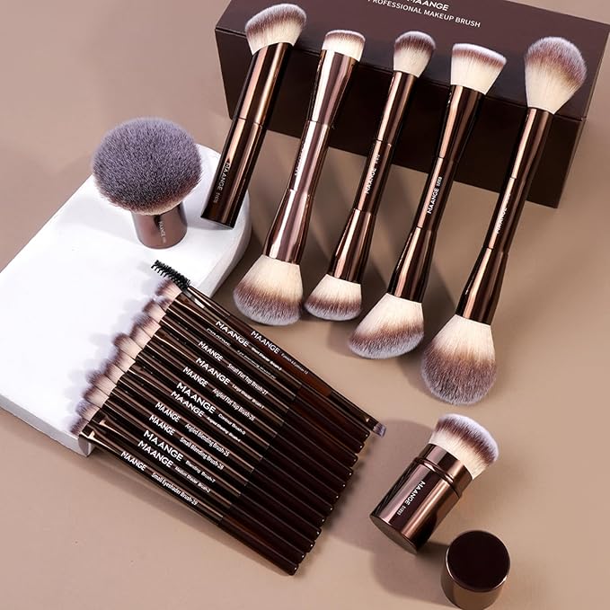 MAANGE 20 Pcs Makeup Brushes with Gift Box, Double-End Multi-functional Makeup Brushes for Blending Liquid Powder Concealer Cream Blush Buffe,CoffeeBrown