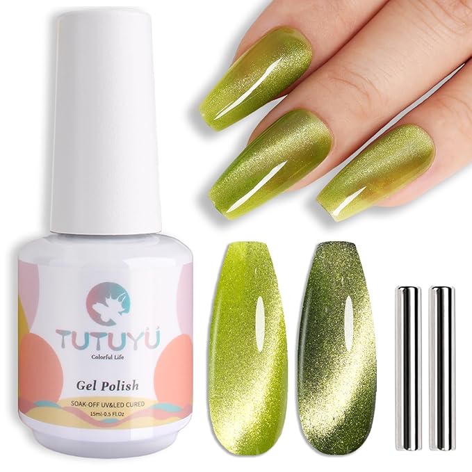 Lime Green Cat Eye Gel Nail Polish, 0.51 Fl Oz Crystal Glitter Holographic Cateye Magnetic Gel Polish for Manicure Salon or Nail Art Starter,Yellow Green Summer Fall Color Gel - GP0081