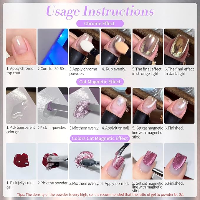 Born Pretty Purple Chrome Nail Powder Super Glossy Mirror Effect Metallic Nail Powder Cat Magnetic Eye Nail Powder Nail Glitter Manicure Pigments for Nail Art Design