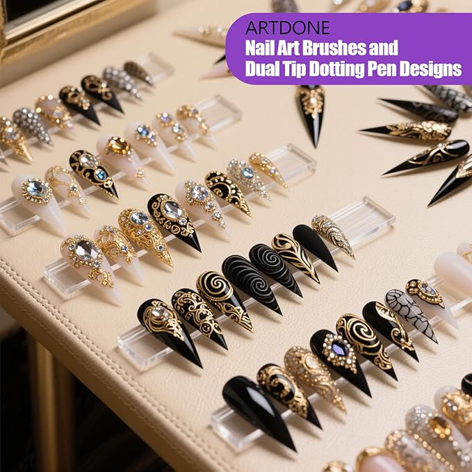 Artdone 10pcs Nail Art Brushes Set, Dotting Tools,Striping Brushes for Long Lines, Thin Details, Sculpting Pattern Tracing Stylus, Ball Embossing Stylu,Fine Drawing Pen For Gel Polish Design Supply