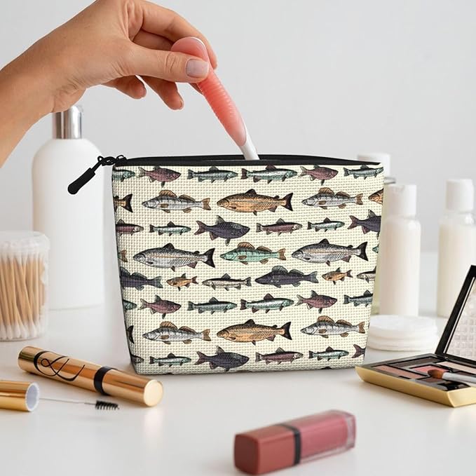 MOLAIGIN Vintage Bass Fish Bait Fishing Cosmetic Bag For Women, Travel Makeup Bag, Toiletry Zipper Bag, Large Capacity Aesthetic Cases