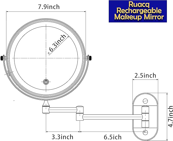 Ruacq Rechargeable Makeup Mirror Matte Black Double Sided Vanity Mirror with Lights Round 1x/10x Magnification 8 Inch Led Magnifying Mirror Stainless Steel and Zinc Alloy Modern Wall Mounted
