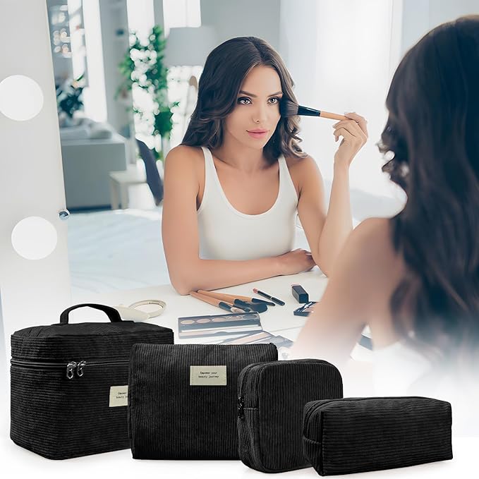 4 Pcs Makeup Bag for Women Corduroy Cosmetic Bag Aesthetic Cute Bags Multi Size Purse Pouch Travel Toiletry Bag Set Makeup Organizer with Zipper(Black)
