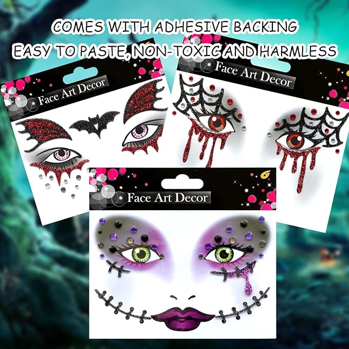 3 Pcs Halloween Face Stickers for Women, Bats and Spider Webs Face Gems Jewels,Day of the Dead Rhinestone Face Jewels Glitter Face Tattoo Stickers for Halloween Rave Party Cosplay