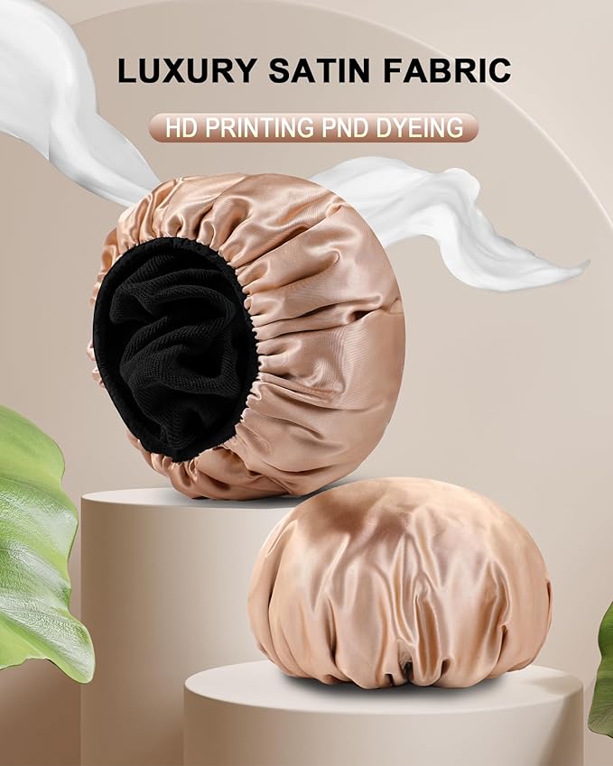 YIZIJIZI Triple Layer Reusable Waterproof Shower Cap for Women Large Terry Lined Hair Cap for Long Thick Hair Travel Bath Care khaki