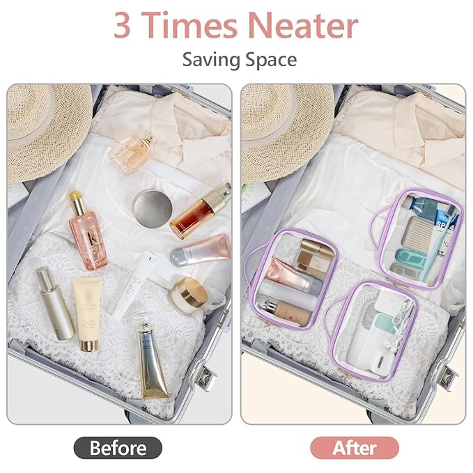 PACKISM Floral Texture TSA Approved Toiletry Bag - 180° Large Opening Clear Makeup Bags with Handle, Easily Access, Clear Travel Bags for Toiletries TSA Approved, Thick 0.5 mm, Purple