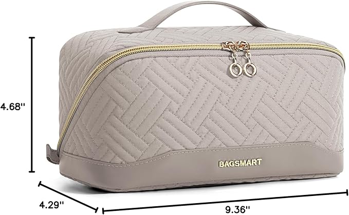 BAGSMART Makeup Bag Cosmetic Bag, Travel Makeup Bag,Water-resistent Makeup Bags for Women Portable Pouch Open Flat Make Up Organizer Bag for Toiletries, Brushes, Tranquil Gray