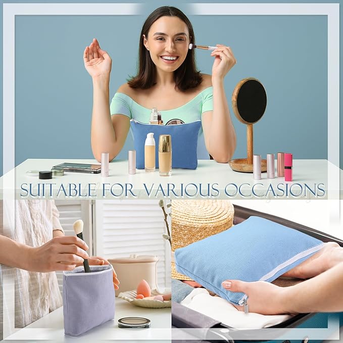 Reginary 10 Pcs Canvas Makeup Bags Bulk for Women Blank DIY Pencil Pouch Travel Toiletry Cosmetics Bags Gift for Christmas Breast Cancer Awareness Thanksgiving Wedding Nurses Teacher(Blue)