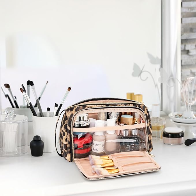 Travel Makeup Bag, Leopard Print Cosmetic Bag, Portable Make Up Organizer Bag with Side Handle, Roomy Makeup Pouch for Purse