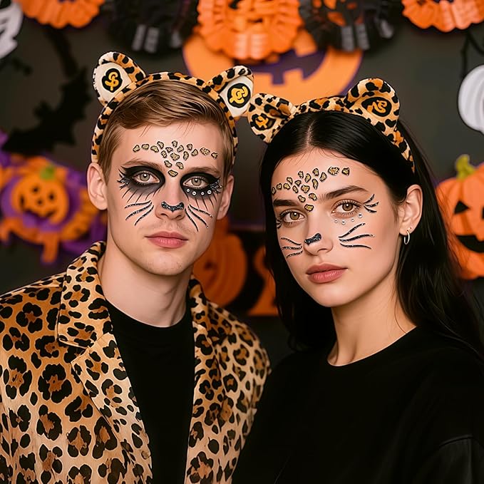 Face Stickers Gems Halloween Temporary Tattoo Sticker Animals Face Sticker Decal Body Face Self-adhesive Sticker Stage Makeup Party Cosplay Decoration 2pcs (cheetah)
