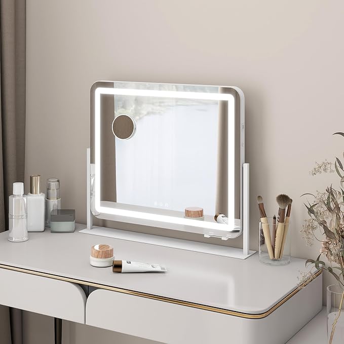 YOURLITE Vanity Mirror with Lights, 24"x 20" LED Makeup Mirror, Smart Touch Dimmable 3 Colors Modes & Adjustable Brightness, 10x Magnification with USB Charging Port, 360° Rotation for Bedroom