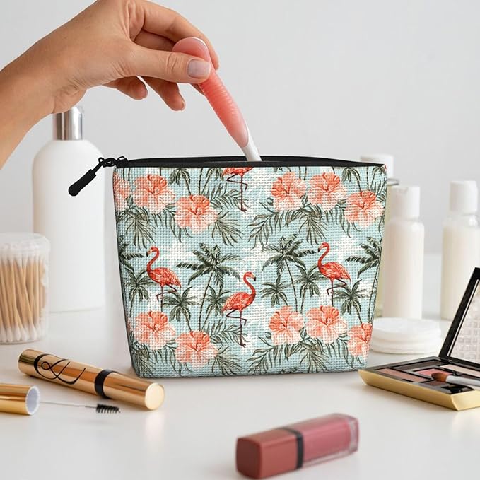 MOLAIGIN Hawaiian Flamingo Palm Trees Cosmetic Bag For Women, Travel Makeup Bag, Toiletry Zipper Bag, Large Capacity Aesthetic Cases