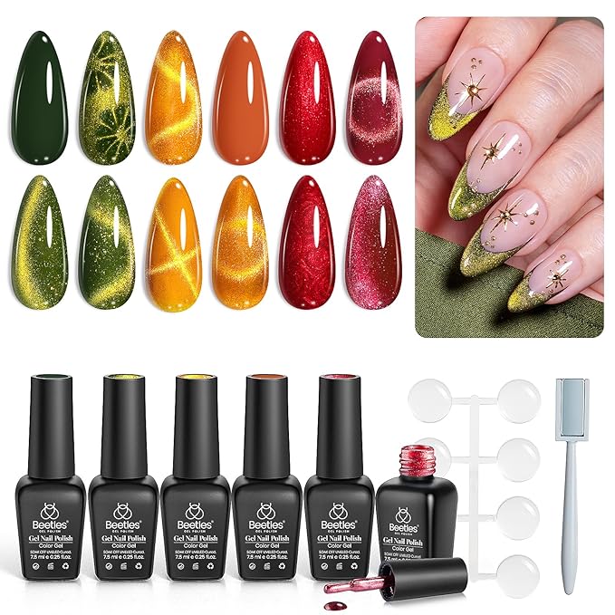 Beetles Cat Eye Gel Nail Polish Set, 6 Colors Red Burgundy Gel Olive Green Cat Eye and Pearl Nail Polish with Magnet Soak Off LED Nail Art Kit DIY Salon at Home Winter Gifts for Women