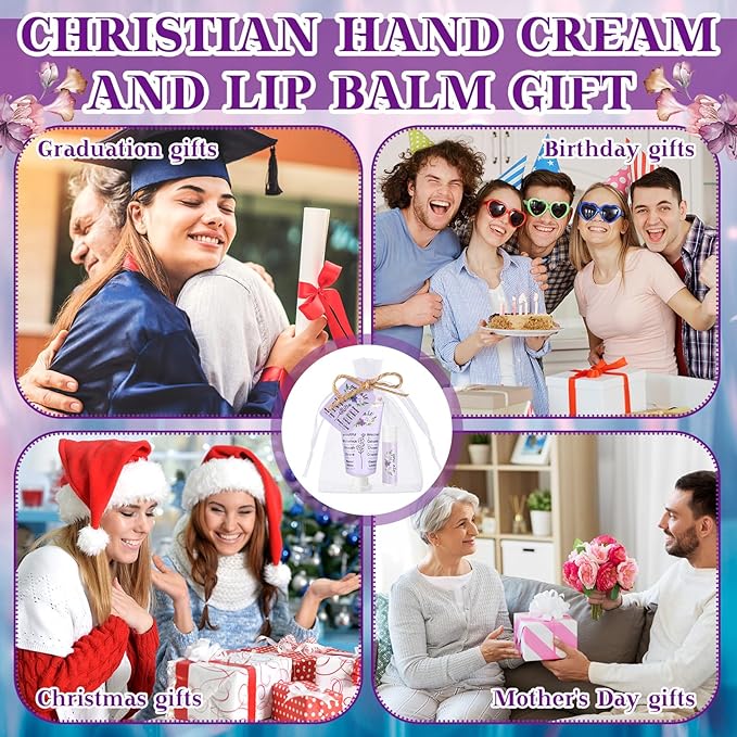 24 Sets Christian Hand Cream and Lip Balm Gift Set Christmas Christian Gift for Women Travel Size Hand Lotion Bible Verse Lip Balm Bulk for Baby Bridal Shower Mom Holiday Gift(Classic)