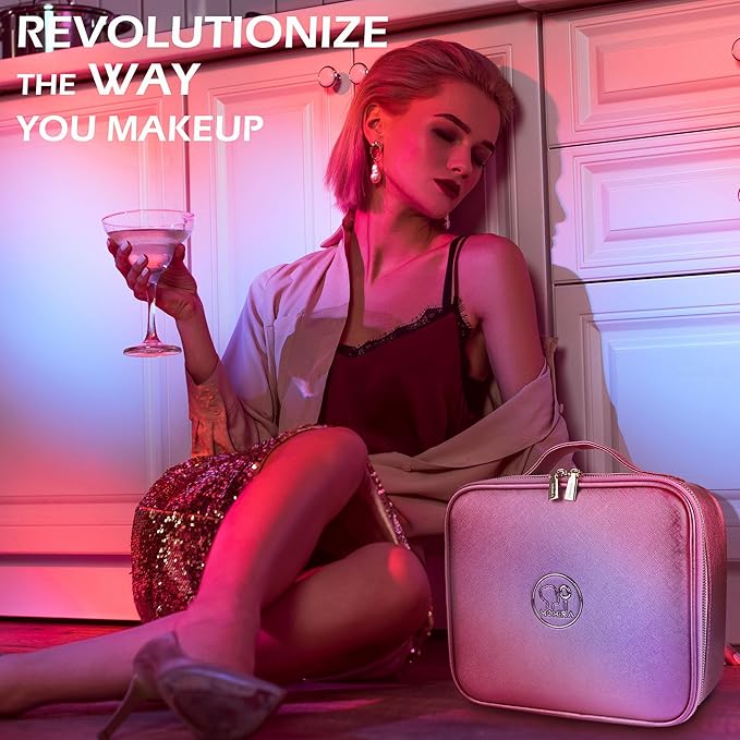 MOMIRA Travel Makeup Bag Cosmetic Bag Makeup Organizer Bag with Lighted Mirror, Adjustable Brightness in 3 Color Scenarios, Waterproof Makeup Train Case, Gift for Women - Brilliant Rose