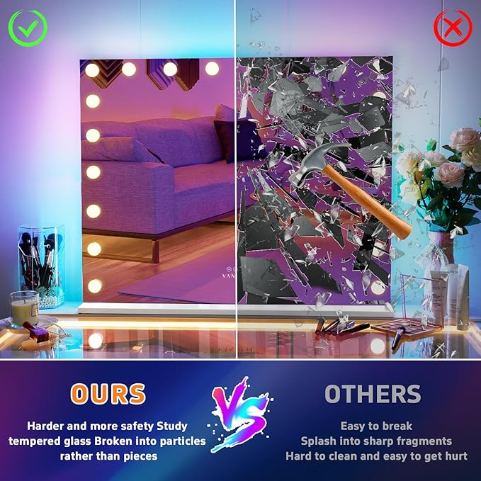 VANITII Large Vanity Mirror with 20 Bulbs Lights 40"x32" RGB Backlit Hollywood Makeup Mirror with Dimmable 3 Lighting Modes Lighted Desktop Wall-Mount Mirror with Smart Touch