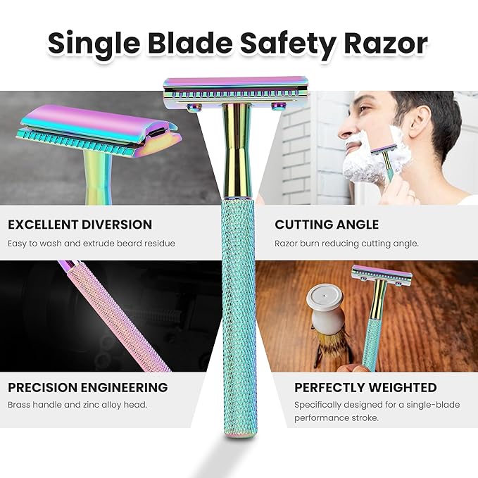 One Blade Safety Razor With Stand and 10 Premium Stainless Steel Reusable Safety Razor For Men and Women, Single Blade Safety Razors, Rainbow