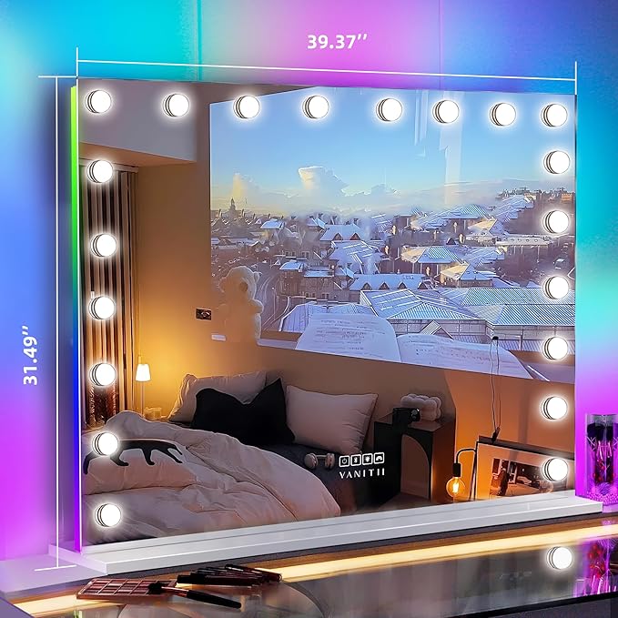 VANITII Large Vanity Mirror with RGB Lights 40"x32" Hollywood Mirror with Lights and Speaker Lighted Makeup Mirror with 20 LED Bulbs Dimmable Smart Touch Mirror for Desktop Wall-Mount