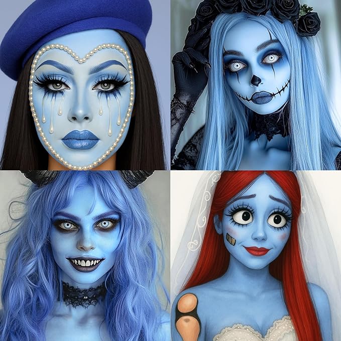 6 PCS Halloween Sally Makeup Set - Includes Light Blue Face Body Paint(60ml), Black Eyeliner, False Eyelashes, Red Lipstick - Oil-Based SFX Face Painting Kit for Costume, Cosplay, Dress-Up Party