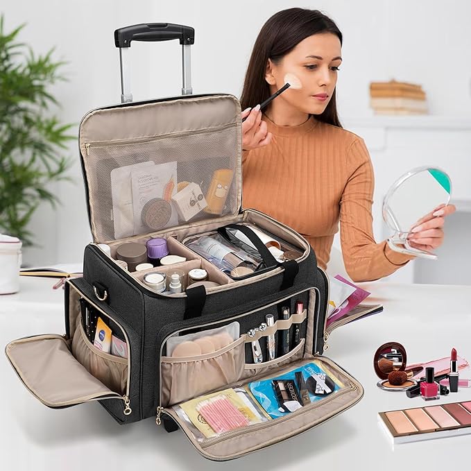 LUXJA Rolling Makeup Case with 3 Removable Pouches and 1 Makeup Brush Bag, Large Makeup Bag Cosmetic Bag with Detachable Dolly (Patented), Black