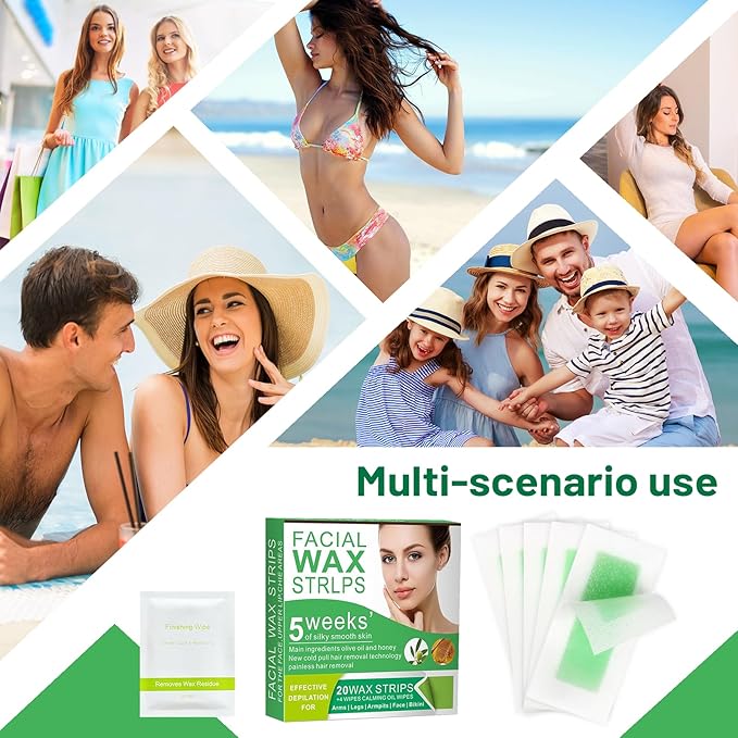 Wax Strips for Face - 98% Natural Formula for Sensitive Skin, Facial Hair Removal for Women - Gently and Quickly Removes Hair from Eyebrows, Lips, Body, Legs, and Bikini Line- Hypoallergenic