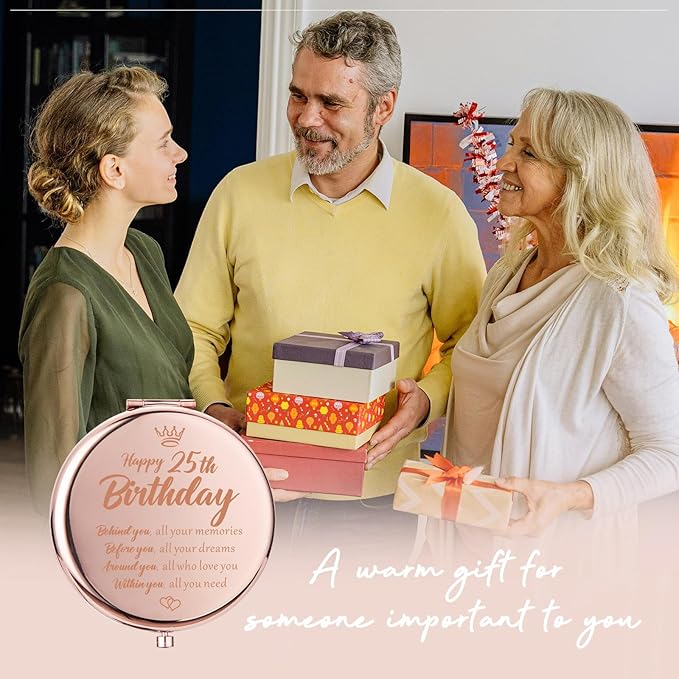 25th Birthday Gifts for Her, Rose Gold Compact Mirror for Purses, 2.6" Diameter, 2-Sided with 1x and 2x Magnification