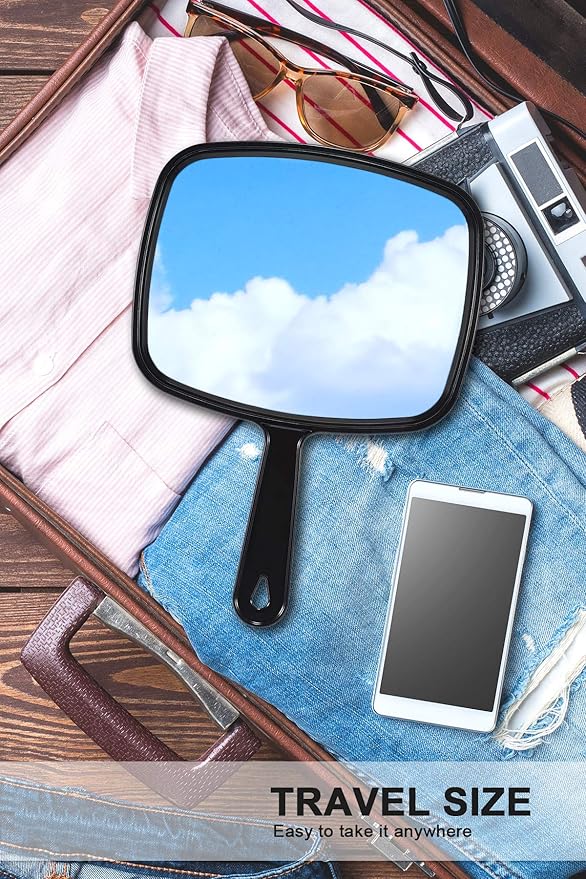 Hand Mirror, Barber Hairdressing Handheld Mirror with Handle for Salon, Square, Black, Large,Pack of 3