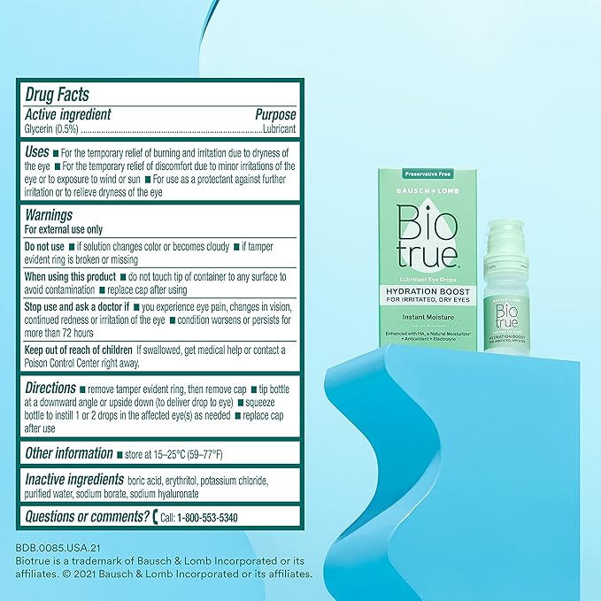 Biotrue Hydration Boost Eye Drops for Irritated and Dry Eyes from Bausch + Lomb, Preservative Free, Contact Lens Friendly, 0.33 FL OZ (10 mL), Pack of 2