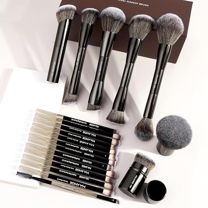 MAANGE 20 Pcs Makeup Brushes with Gift Box, Double-End Multi-functional Makeup Brushes for Blending Liquid Powder Concealer Cream Blush Buffe,Black
