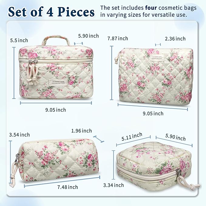 VIWIME Makeup Cosmetic Bag, Large Cotton Quilted Travel Coquette Aesthetic Cute Floral Make up Bag for Women Toiletry Bag Organizer (PinkFlower4Pcs)