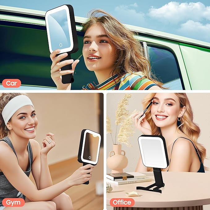 Magnifying Travel Mirror with Light, 30X/1X Double-Sided Magnifying Mirror with 3 Color Lights, Brightness Adjustable, Foldable Handheld Makeup Mirrors Portable for Travel and Desktop Use