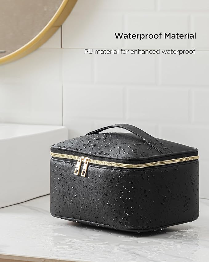 Large Travel Makeup Bag Organizer with Removable Dividers, Waterproof Leather Cosmetic Case, Black