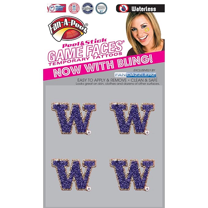 Washington Waterless Temporary Tattoos - Hypoallergenic Peel and Stick Waterproof Temporary Tattoos, Glitter - Officially Licensed
