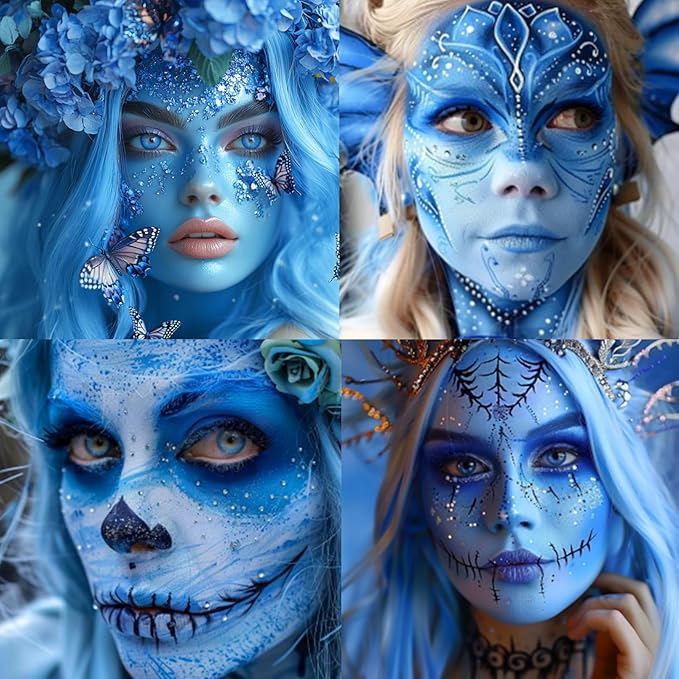 BAD COLOR 3PCS Blue White Light Blue Face Body Paint Stick Makeup for Sally/Corpse Bride SFX Cosplay & Dress Up, Full-Coverage Halloween Facepaint Makeup Kit