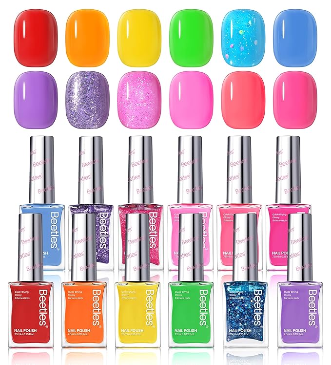 Beetles Glitter Neon Nail Polish Set - 12 Colors Hot Pink Blue Purple Rainbow Rright Glitter Nail Polish Set, Air Quick Dry DIY Fingernail Art Set Salon Home Gift