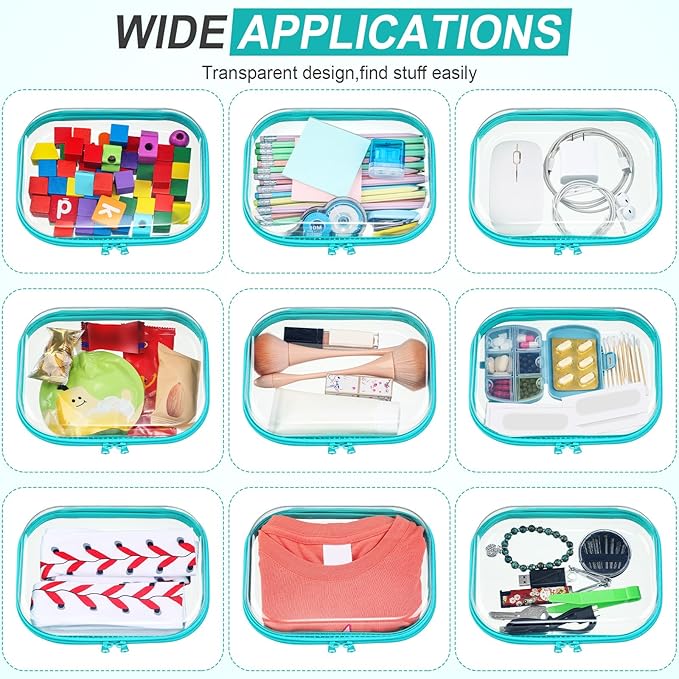 Sanwuta 6 Pcs Clear Hard Zipper Case Pencil Pouches Hard Plastic Zipper Pouches Makeup Bag Transparent Cases for Snacks Plastic Storage Organizer Box for Travel(Teal,7.87 x 5.9 x 2 Inch)