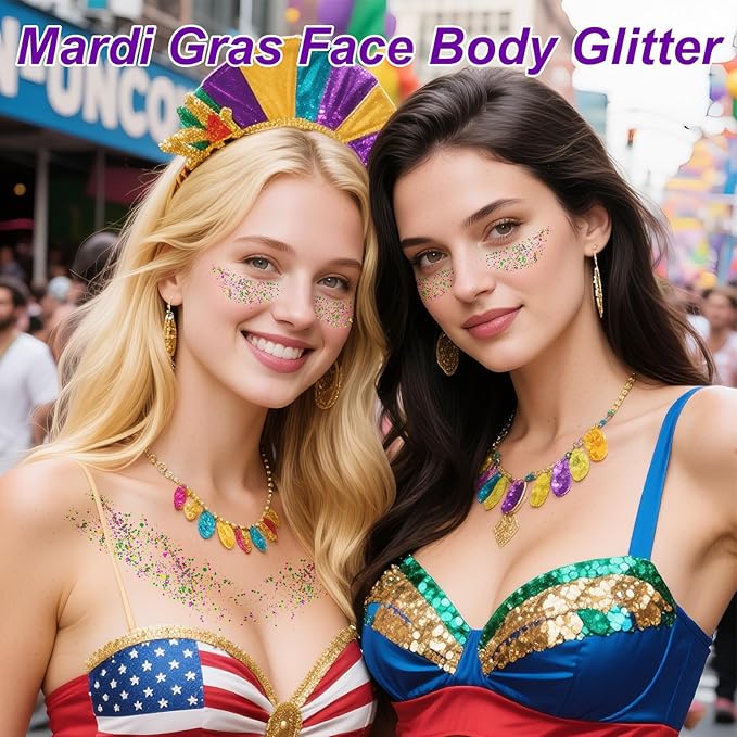 Mardi Gras Gold Hair Glitter Stick,Purple Green Face Body Glitter Makeup,Carnival Costume Waterproof Outfits for Women & Kids,Mardi Gras Accessories Singer Concerts Chunky Glitter