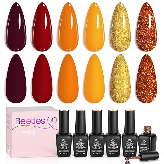 Beetles Fall Gel Nail Polish Set 6 Colors Gel Polish Red Orange Brown Gold Glitter Kit DIY Home Nail Art Manicure Kits Gifts for Women Golden Blessing