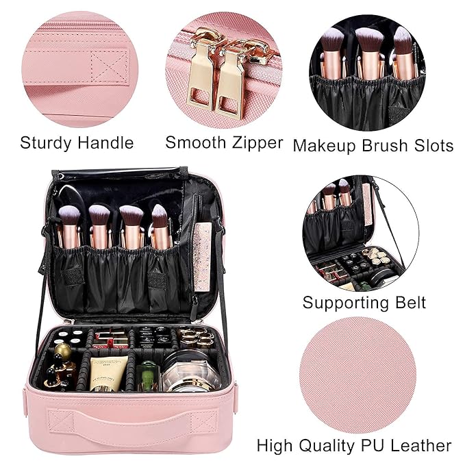 gzcz Makeup Bag Organizer 10.2'' Travel Makeup Train Case Cosmetic Brush Organizer Portable Artist Storage bag with Adjustable Dividers and shoulder strap for Make up Accessories (Cute Pink)