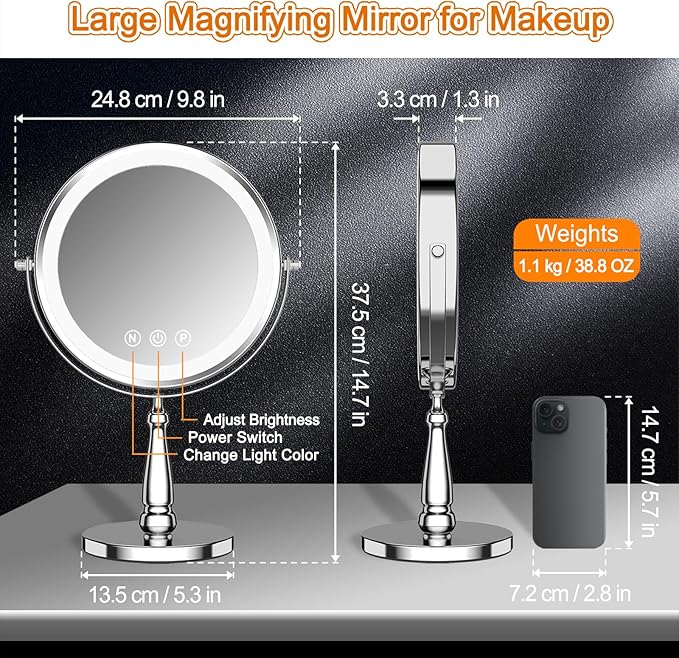 Makeup Mirror with Lights, 9 Inch 20X Magnifying Mirror with Light and 3 Colors for Women, Vanity Mirror with Lights and Adjustable Brightness, Lighted Magnified Mirrors for Delicate Makeup