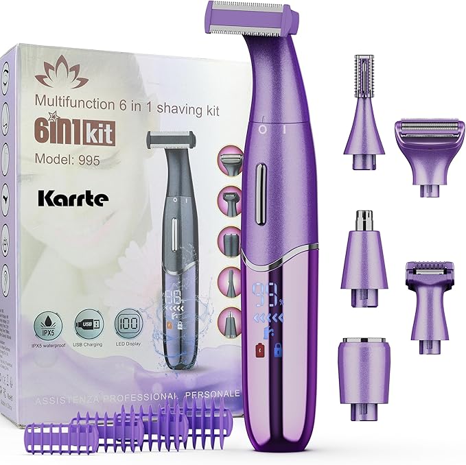 Karrte 6-in-1 Electric Razor for Women's Pubic Hair, Painless Body Shaver and Facial Epilator, Hair Removal for Face, Bikini Trimmer for Women's Private Area Purple