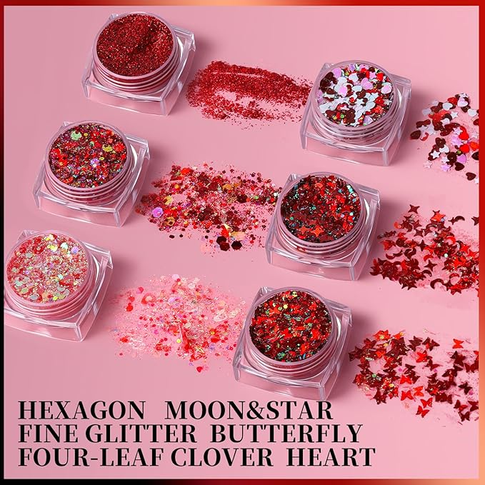 Teenitor Face Glitter, Red Body Glitter Gel, Hair Glitter, 6 Shapes Festival Rave Body Makeup Glitters Gel, Chunky Sparkling Glitter for Face, Body and Hair