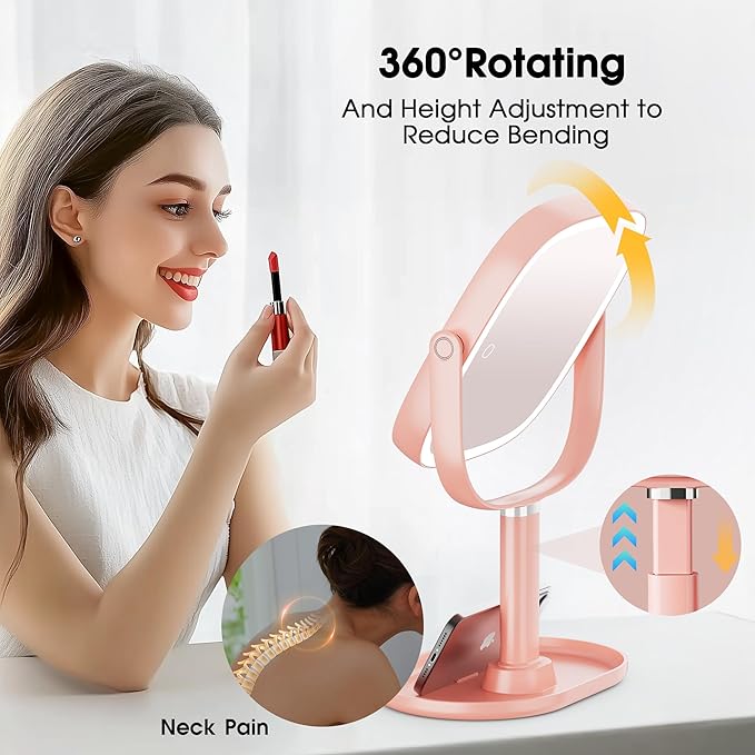 Makeup Mirror with Lights - 10x/1x Magnifying Mirror with Light, Rechargeable Desk Mirror with 3-Color Lighting & Memory Function, 360° Adjustable Table Mirror, Gift for Women (Pink)