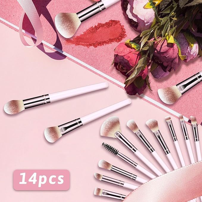 Makeup Brush Set, Premium Synthetic 14 Pcs Makeup Brushes, Travel Makeup Brush Set for Foundation, Concealer, Blush and Eyeshadow Brush(Pink)