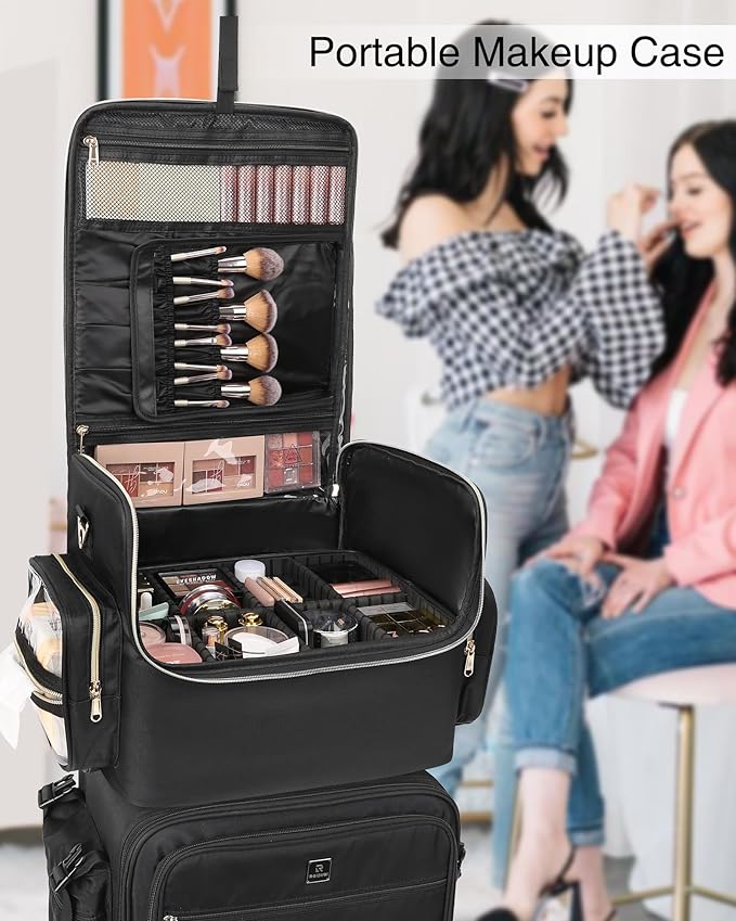 Extra Large Makeup Bag Makeup Artist Bag Professional Cosmetic Bag Travel Organizer Train Case with 4 Small Packet and Adjustable Dividers(Black, Extra Large)